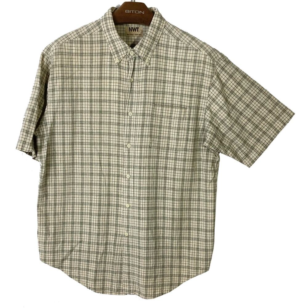 NWOT NORTHWEST TERRITORIES Shirt Men L Linen Cotton Plaid Short Sleeve Button-Up